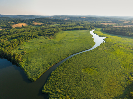 Aerial view of the Karaagach river winding through lush green wetlands surrounded by dense forest Kiten Burgas Bulgaria. Aerial view of the Karaagach river winding through lush green wetlands surrounded by dense forest Kiten Burgas Bulgaria.