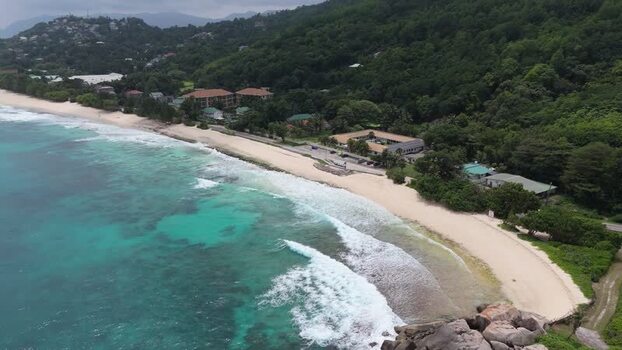 Aerial view of Mahe coastline and turquoise waters Seychelles.