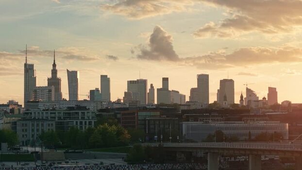 Aerial view of Warsaw skyline at sunset in Poland.