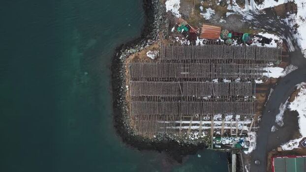 Aerial view of wooden racks on the shore Norway.