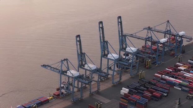 Aerial view of Tilbury Docks and container terminal United Kingdom.