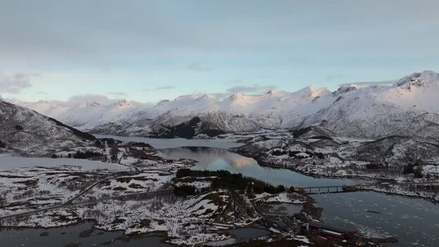 Aerial view of snow covered Lofoten mountains in Vagan Norway.