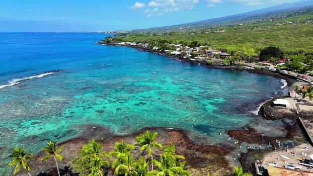 Aerial view of Kahalu u Beach Park and coral reefs United States.