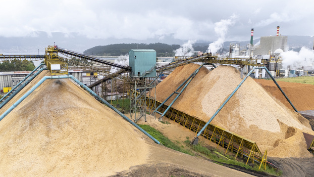 Aerial view of the Biofabrica de Ence pulp mill featuring large wood chip piles and industrial conveyor belts under a cloudy sky in Pontevedra Pontevedra Spain. Aerial view of the Biofabrica de Ence pulp mill featuring large wood chip piles and industrial conveyor belts under a cloudy sky in Pontevedra Pontevedra Spain.