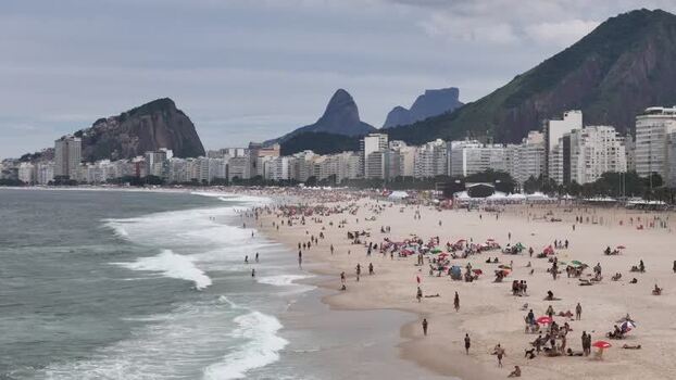 Aerial view of Copacabana Beach and the city skyline Brazil.