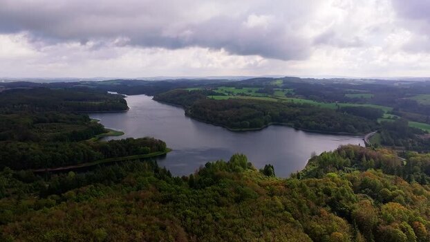 Aerial view of Kerspetalsperre reservoir in Germany.