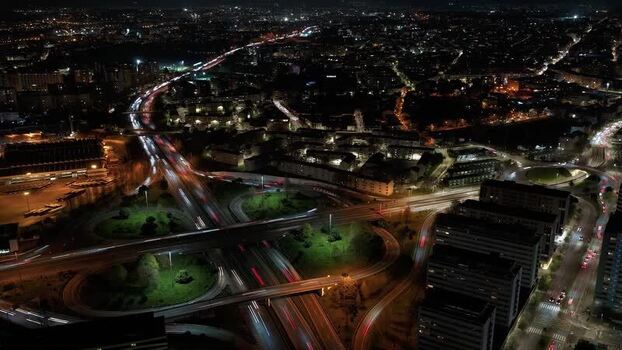 Aerial view of a roundabout at night Portugal.