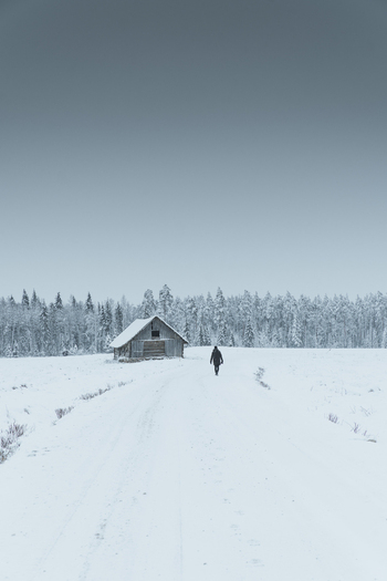 View of a person walking on a snow covered road towards a small wooden cabin in the snowy forest of the Pohja Korvemaa Nature Reserve in Harju County Estonia. View of a person walking on a snow covered road towards a small wooden cabin in the snowy forest of the Pohja Korvemaa Nature Reserve in Harju County Estonia.