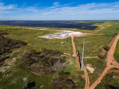Aerial view of Limondale Solar Farm with extensive rows of photovoltaic panels an electrical substation and power lines in a rural landscape in Balranald New South Wales Australia. Aerial view of Limondale Solar Farm with extensive rows of photovoltaic panels an electrical substation and power lines in a rural landscape in Balranald New South Wales Australia.
