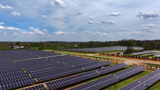 Aerial view of solar panels in rows United States.