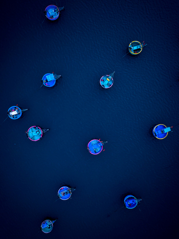 Aerial view of traditional round basket boats floating on dark blue water in Vietnam. Aerial view of traditional round basket boats floating on dark blue water in Vietnam.
