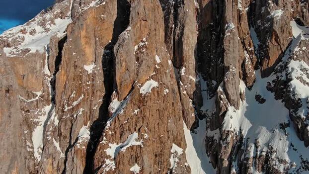 Aerial view of Dolomite Mountains in Canazei Italy.