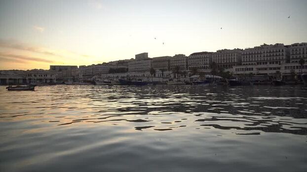 Aerial view of Algiers harbor at sunset Algeria.