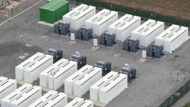 Aerial view of Clay Tye Tesla Megapack installation United Kingdom.