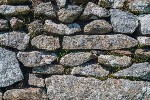 View of a traditional dry stone wall built from granite blocks with moss and small green plants growing in the crevices in Minions Cornwall United Kingdom. View of a traditional dry stone wall built from granite blocks with moss and small green plants growing in the crevices in Minions Cornwall United Kingdom.