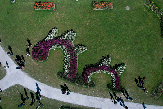 Aerial view of vibrant flower beds shaped like a sea monster in a green park with people walking on gravel paths Morges Vaud Switzerland. Aerial view of vibrant flower beds shaped like a sea monster in a green park with people walking on gravel paths Morges Vaud Switzerland.