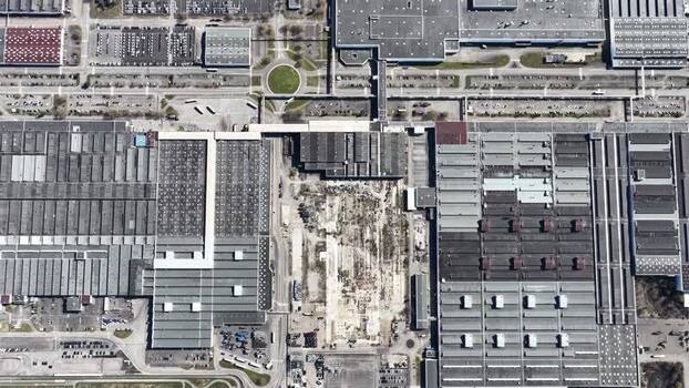 Aerial view of industrial buildings and roads France.