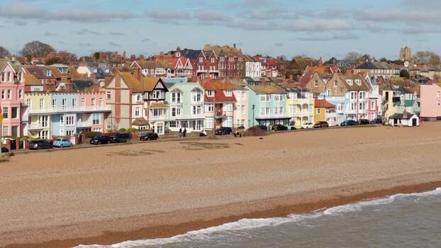 Aerial view of colorful houses on the beach United Kingdom.