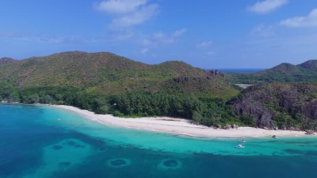 Aerial view of Curieuse Island coastline in Seychelles.