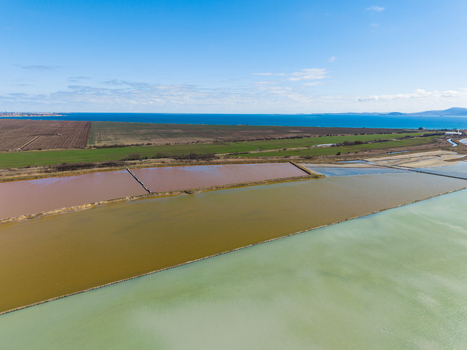 Aerial view of the multi colored salt evaporation ponds of Lake Atanasovsko with the Black Sea coast in the background under a clear blue sky in Burgas Burgas Bulgaria. Aerial view of the multi colored salt evaporation ponds of Lake Atanasovsko with the Black Sea coast in the background under a clear blue sky in Burgas Burgas Bulgaria.