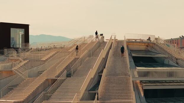 Aerial view of the Pyramid of Tirana with people Albania.