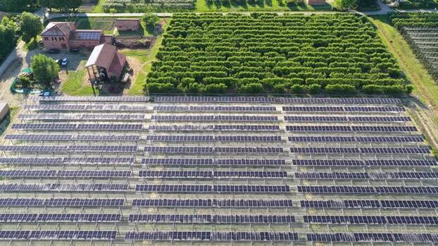 Aerial view of solar farm in Faenza Italy.
