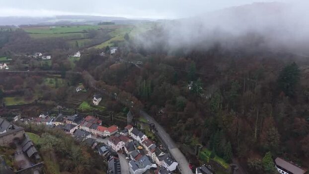 Aerial view of Vianden Castle and historic town Luxembourg.