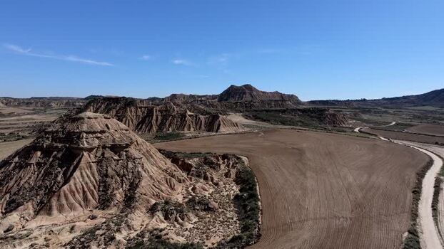 Aerial view of Bardenas Reales desert landscape in Spain.