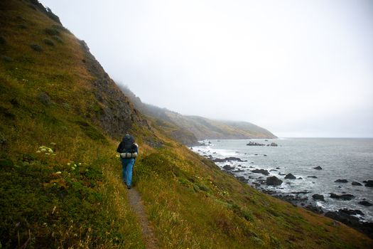 View of a hiker with a backpack walking on a trail on a steep grassy hillside overlooking the rocky shoreline of the Lost Coast in Humboldt County California United States.