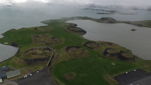 Aerial view of Skutustadagigar pseudocraters in Iceland.