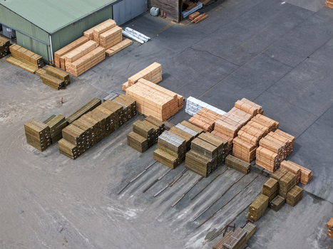 Melbourne VIC Australia 25 September 2026 Aerial view of stacks of timber and lumber stored in a yard at a wood processing facility.