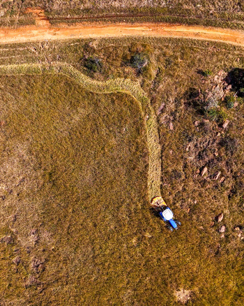 Aerial view of a tractor slashing dry vegetation to create a firebreak on a farm in Tzaneen Limpopo South Africa.