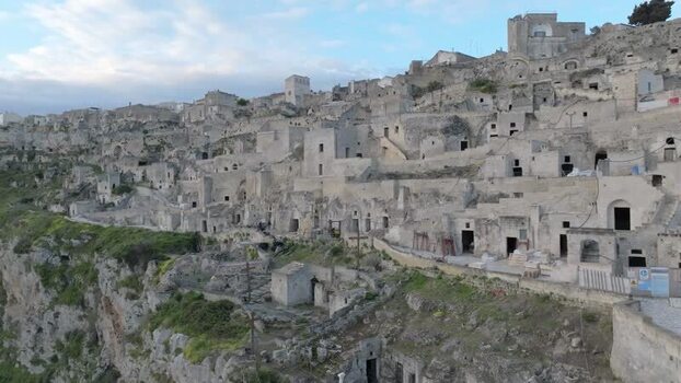 Aerial view of Sassi di Matera stone dwellings Italy.