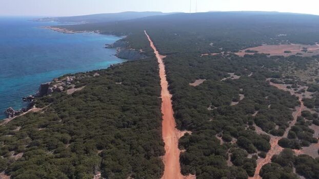 Aerial view of red dirt road in Northern Cyprus.