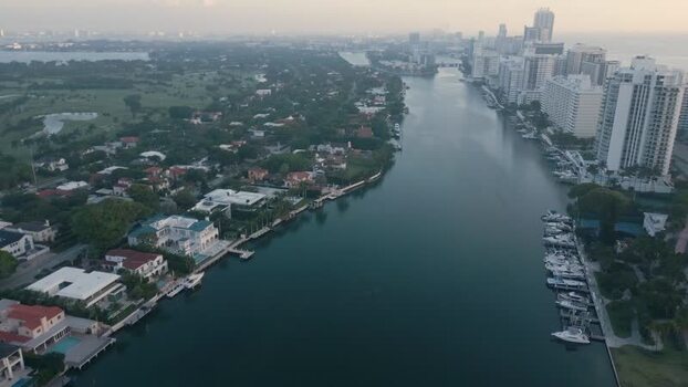 Aerial view of Miami Beach waterway and skyline United States.