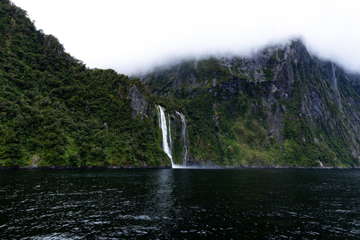 View of cascading waterfalls plunge from verdant cliffs shrouded in mist contrasting with the dark reflective waters below Milford Sound Southland Region New Zealand.