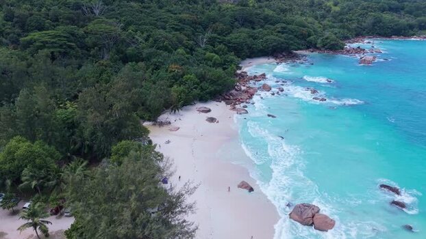 Aerial view of Anse Lazio beach in Seychelles.