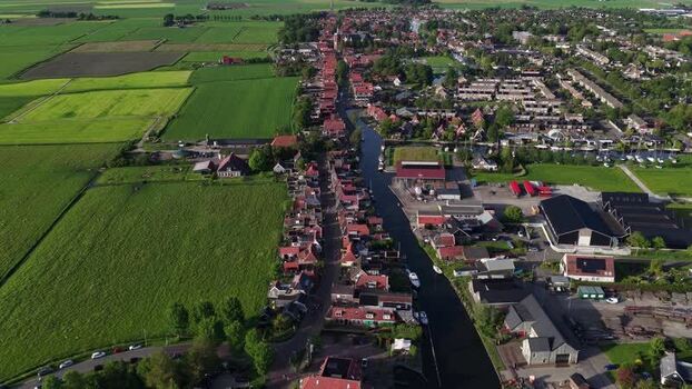 Aerial view of the town of Workum and its canal Netherlands.