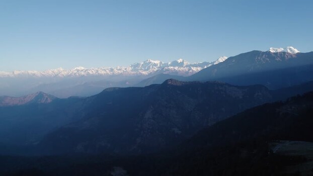 Aerial view of snow capped Himalayan peaks in Chopta India.