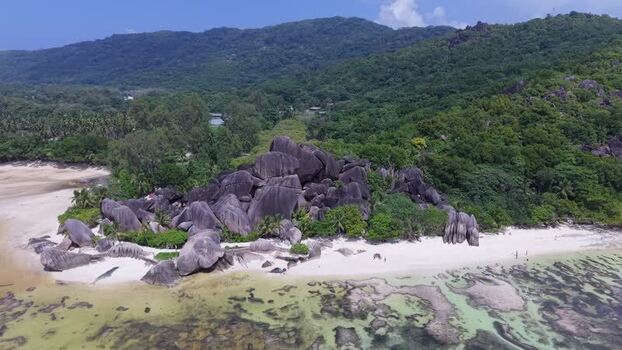 Aerial view of Anse Reunion beach in Seychelles.