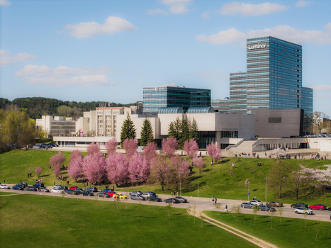 Aerial view of Chiune Sugihara Sakura Park with blooming cherry blossom trees modern office buildings and a road with cars in Vilnius Vilniaus apskritis Lithuania. Aerial view of Chiune Sugihara Sakura Park with blooming cherry blossom trees modern office buildings and a road with cars in Vilnius Vilniaus apskritis Lithuania.