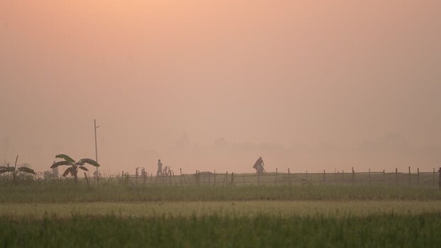 View of people walking through misty rural fields Bangladesh. View of people walking through misty rural fields Bangladesh.