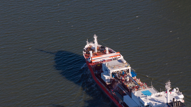 Dordrecht Netherlands 29 April 2026 Drone view of Coral Pearl with folded WAPS units showing eSAIL and wingsail technology for fuel saving and more sustainable maritime transport.