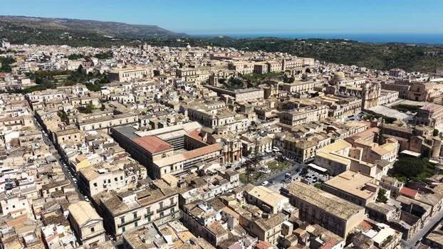 Aerial view of the historic baroque city center of Noto Italy. Aerial view of the historic baroque city center of Noto Italy.