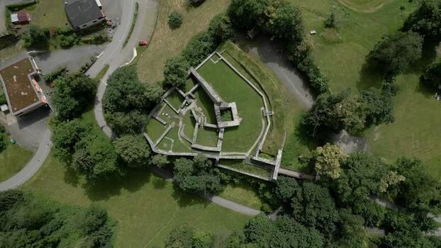 Aerial view of castle ruins in Liechtenstein.