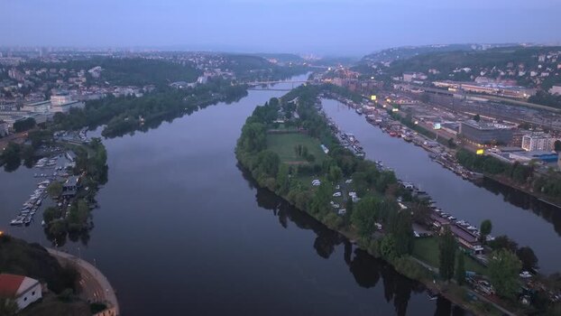 Aerial view of Vltava river at twilight Czechia. Aerial view of Vltava river at twilight Czechia.