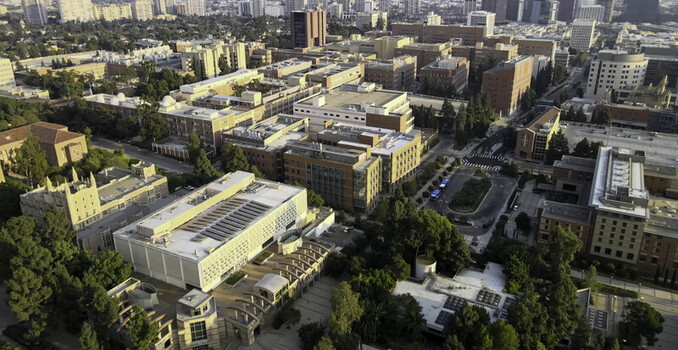 Aerial view of the UCLA Campus featuring various university buildings lush trees and campus grounds in Westwood California United States.