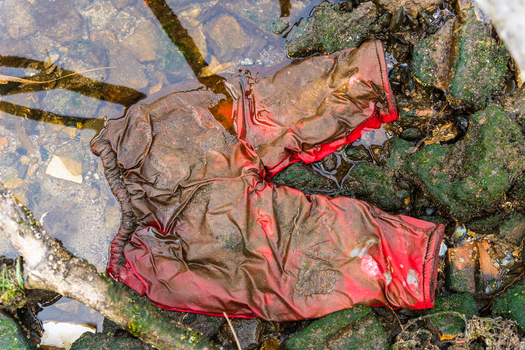 View of a discarded red rubber glove lying in the shallow murky water among rocks and debris at the edge of Lake Varna Varna Bulgaria. View of a discarded red rubber glove lying in the shallow murky water among rocks and debris at the edge of Lake Varna Varna Bulgaria.