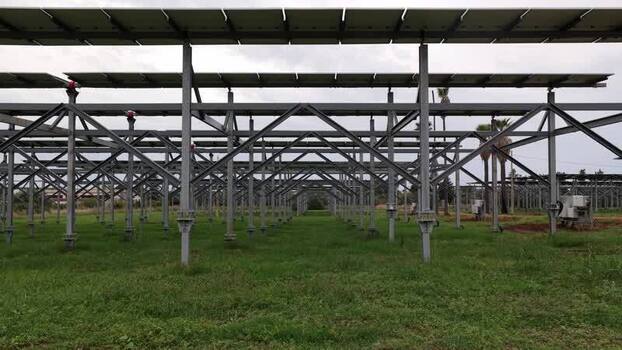 Aerial view of solar farm structure in Terrasini Italy.