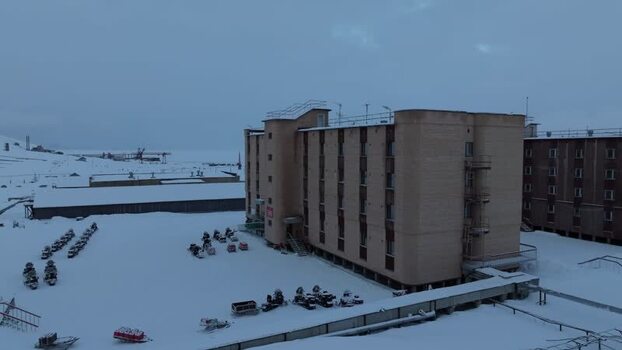 Aerial view of Pyramiden in the arctic landscape Svalbard and Jan Mayen.